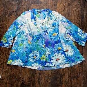 Ali Miles Womens 3X Blue Butterfly Floral Button Up Top NWT Tunic Artsy Novelty